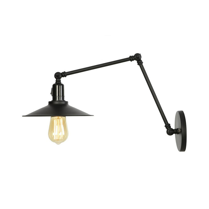 1-Light Iron Wall Light Industrial Black/White Cone/Saucer/Scalloped Bedroom Wall Mounted Lamp with Swing Arm Black B Clearhalo 'Art deco wall lights' 'Cast Iron' 'Glass' 'Industrial wall lights' 'Industrial' 'Middle century wall lights' 'Modern' 'Rustic wall lights' 'Tiffany' 'Traditional wall lights' 'Wall Lamps & Sconces' 'Wall Lights' Lighting' 1918094