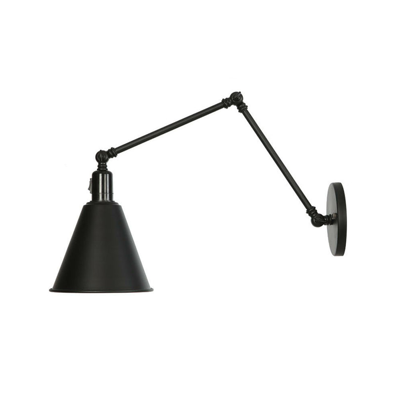 1-Light Iron Wall Light Industrial Black/White Cone/Saucer/Scalloped Bedroom Wall Mounted Lamp with Swing Arm Black C Clearhalo 'Art deco wall lights' 'Cast Iron' 'Glass' 'Industrial wall lights' 'Industrial' 'Middle century wall lights' 'Modern' 'Rustic wall lights' 'Tiffany' 'Traditional wall lights' 'Wall Lamps & Sconces' 'Wall Lights' Lighting' 1918096