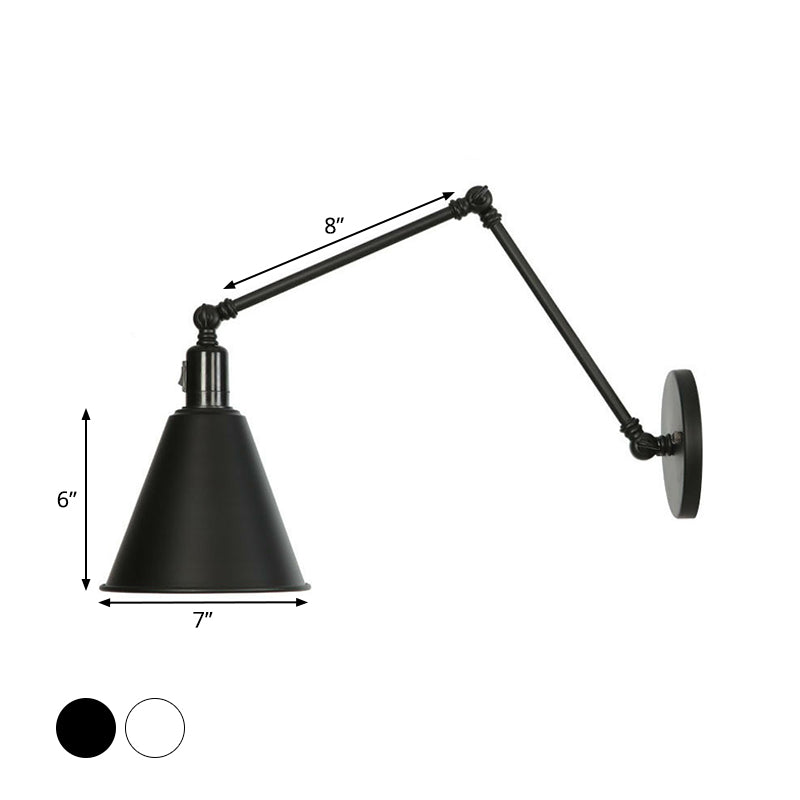 1-Light Iron Wall Light Industrial Black/White Cone/Saucer/Scalloped Bedroom Wall Mounted Lamp with Swing Arm Clearhalo 'Art deco wall lights' 'Cast Iron' 'Glass' 'Industrial wall lights' 'Industrial' 'Middle century wall lights' 'Modern' 'Rustic wall lights' 'Tiffany' 'Traditional wall lights' 'Wall Lamps & Sconces' 'Wall Lights' Lighting' 1918097