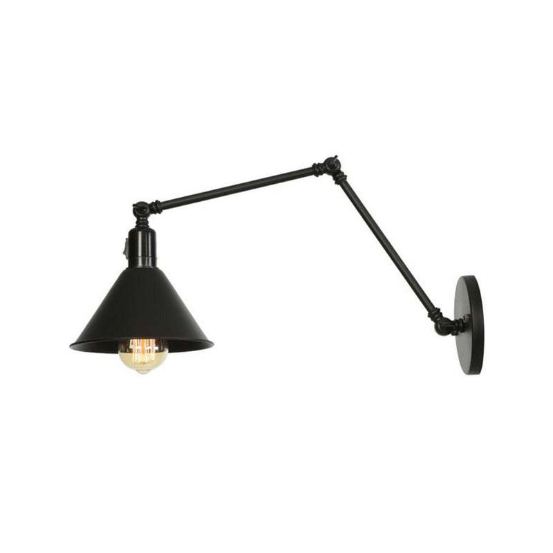 1-Light Iron Wall Light Industrial Black/White Cone/Saucer/Scalloped Bedroom Wall Mounted Lamp with Swing Arm Black D Clearhalo 'Art deco wall lights' 'Cast Iron' 'Glass' 'Industrial wall lights' 'Industrial' 'Middle century wall lights' 'Modern' 'Rustic wall lights' 'Tiffany' 'Traditional wall lights' 'Wall Lamps & Sconces' 'Wall Lights' Lighting' 1918098