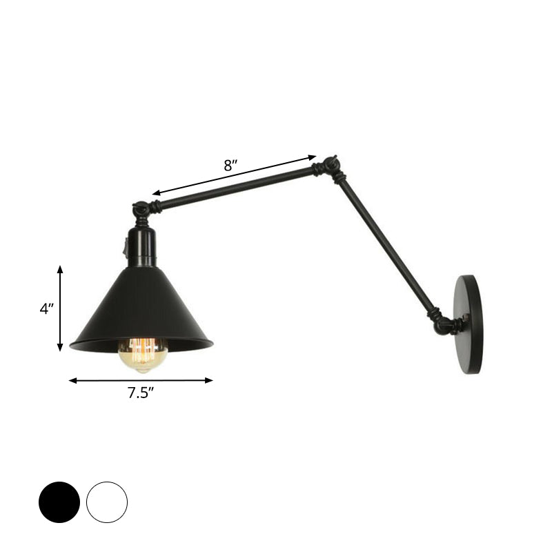 1-Light Iron Wall Light Industrial Black/White Cone/Saucer/Scalloped Bedroom Wall Mounted Lamp with Swing Arm Clearhalo 'Art deco wall lights' 'Cast Iron' 'Glass' 'Industrial wall lights' 'Industrial' 'Middle century wall lights' 'Modern' 'Rustic wall lights' 'Tiffany' 'Traditional wall lights' 'Wall Lamps & Sconces' 'Wall Lights' Lighting' 1918099