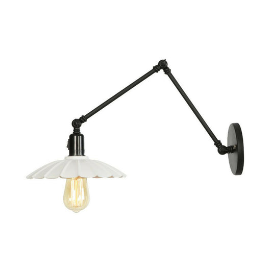 1-Light Iron Wall Light Industrial Black/White Cone/Saucer/Scalloped Bedroom Wall Mounted Lamp with Swing Arm White A Clearhalo 'Art deco wall lights' 'Cast Iron' 'Glass' 'Industrial wall lights' 'Industrial' 'Middle century wall lights' 'Modern' 'Rustic wall lights' 'Tiffany' 'Traditional wall lights' 'Wall Lamps & Sconces' 'Wall Lights' Lighting' 1918100