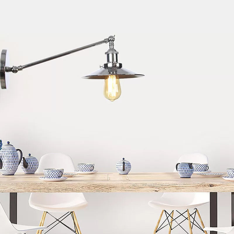 Single Saucer/Horn Shaped Wall Lamp Factory Polished Chrome Iron Wall Light Fixture with 8"/12" Wide Swing Arm Chrome 8" A Clearhalo 'Art deco wall lights' 'Cast Iron' 'Glass' 'Industrial wall lights' 'Industrial' 'Middle century wall lights' 'Modern' 'Rustic wall lights' 'Tiffany' 'Traditional wall lights' 'Wall Lamps & Sconces' 'Wall Lights' Lighting' 1918104