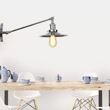 Single Saucer/Horn Shaped Wall Lamp Factory Polished Chrome Iron Wall Light Fixture with 8"/12" Wide Swing Arm Chrome 8" A Clearhalo 'Art deco wall lights' 'Cast Iron' 'Glass' 'Industrial wall lights' 'Industrial' 'Middle century wall lights' 'Modern' 'Rustic wall lights' 'Tiffany' 'Traditional wall lights' 'Wall Lamps & Sconces' 'Wall Lights' Lighting' 1918104