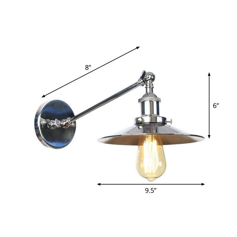 Single Saucer/Horn Shaped Wall Lamp Factory Polished Chrome Iron Wall Light Fixture with 8"/12" Wide Swing Arm Clearhalo 'Art deco wall lights' 'Cast Iron' 'Glass' 'Industrial wall lights' 'Industrial' 'Middle century wall lights' 'Modern' 'Rustic wall lights' 'Tiffany' 'Traditional wall lights' 'Wall Lamps & Sconces' 'Wall Lights' Lighting' 1918106