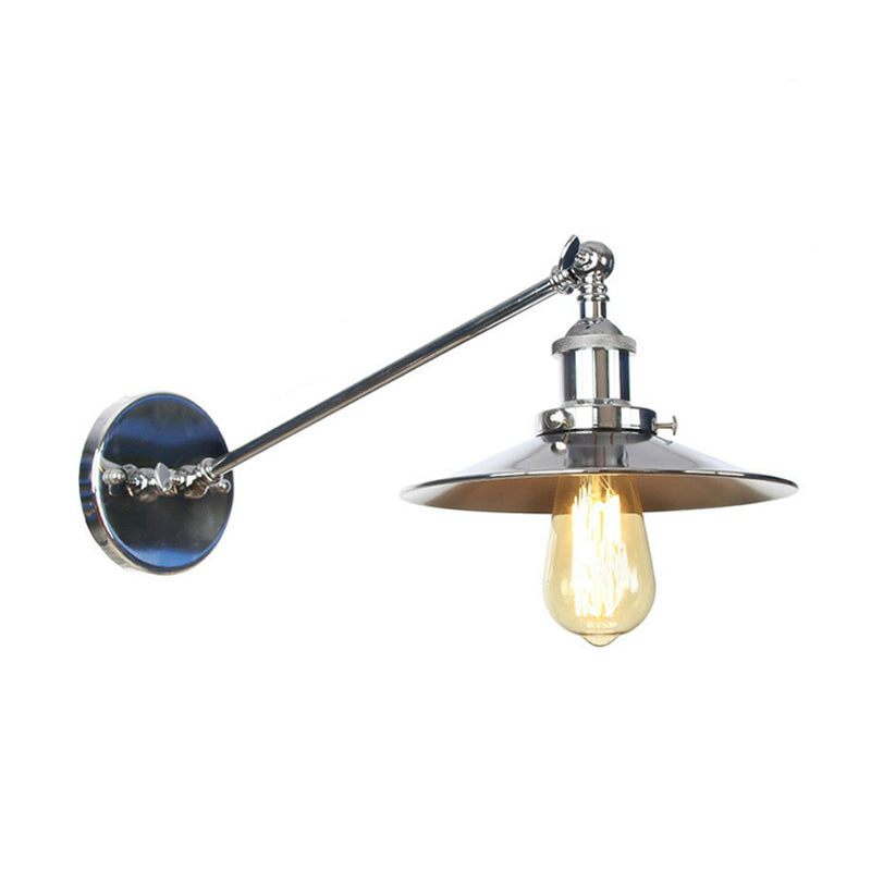Single Saucer/Horn Shaped Wall Lamp Factory Polished Chrome Iron Wall Light Fixture with 8"/12" Wide Swing Arm Chrome 12" A Clearhalo 'Art deco wall lights' 'Cast Iron' 'Glass' 'Industrial wall lights' 'Industrial' 'Middle century wall lights' 'Modern' 'Rustic wall lights' 'Tiffany' 'Traditional wall lights' 'Wall Lamps & Sconces' 'Wall Lights' Lighting' 1918107
