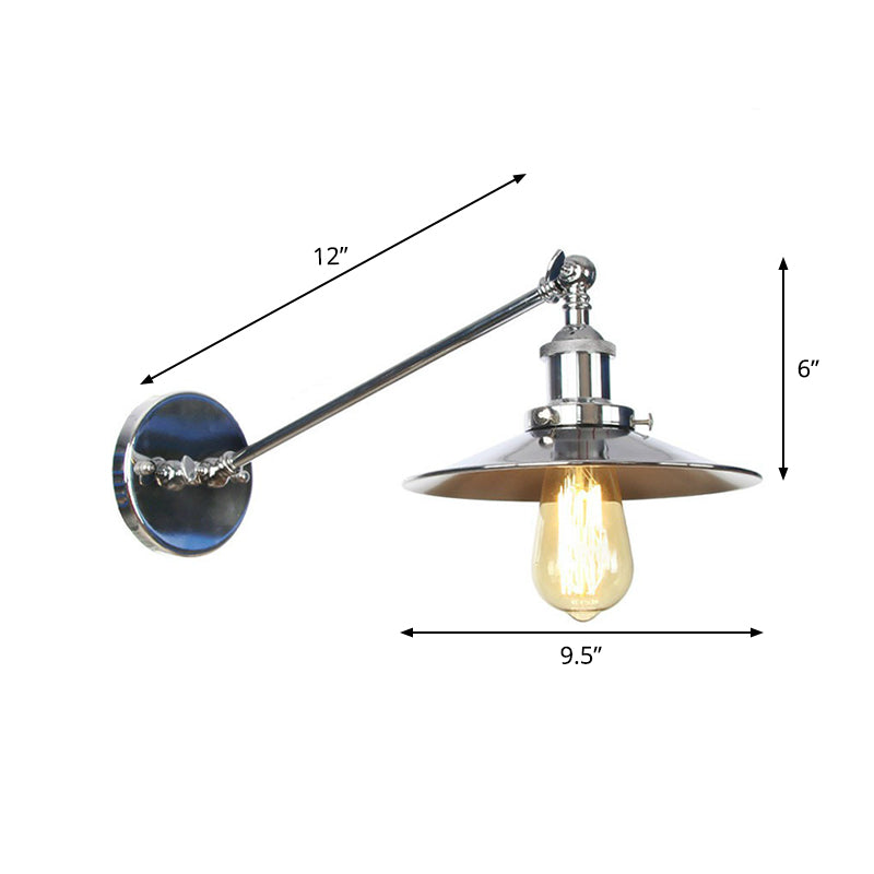 Single Saucer/Horn Shaped Wall Lamp Factory Polished Chrome Iron Wall Light Fixture with 8"/12" Wide Swing Arm Clearhalo 'Art deco wall lights' 'Cast Iron' 'Glass' 'Industrial wall lights' 'Industrial' 'Middle century wall lights' 'Modern' 'Rustic wall lights' 'Tiffany' 'Traditional wall lights' 'Wall Lamps & Sconces' 'Wall Lights' Lighting' 1918108