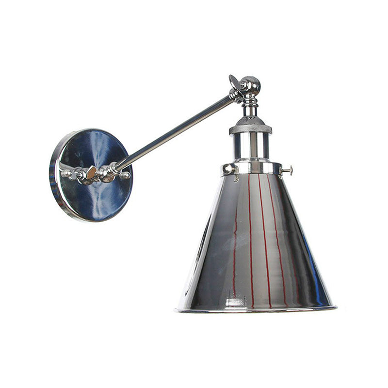 Single Saucer/Horn Shaped Wall Lamp Factory Polished Chrome Iron Wall Light Fixture with 8"/12" Wide Swing Arm Chrome 8" B Clearhalo 'Art deco wall lights' 'Cast Iron' 'Glass' 'Industrial wall lights' 'Industrial' 'Middle century wall lights' 'Modern' 'Rustic wall lights' 'Tiffany' 'Traditional wall lights' 'Wall Lamps & Sconces' 'Wall Lights' Lighting' 1918109
