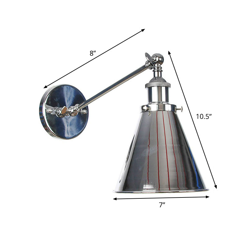 Single Saucer/Horn Shaped Wall Lamp Factory Polished Chrome Iron Wall Light Fixture with 8"/12" Wide Swing Arm Clearhalo 'Art deco wall lights' 'Cast Iron' 'Glass' 'Industrial wall lights' 'Industrial' 'Middle century wall lights' 'Modern' 'Rustic wall lights' 'Tiffany' 'Traditional wall lights' 'Wall Lamps & Sconces' 'Wall Lights' Lighting' 1918110