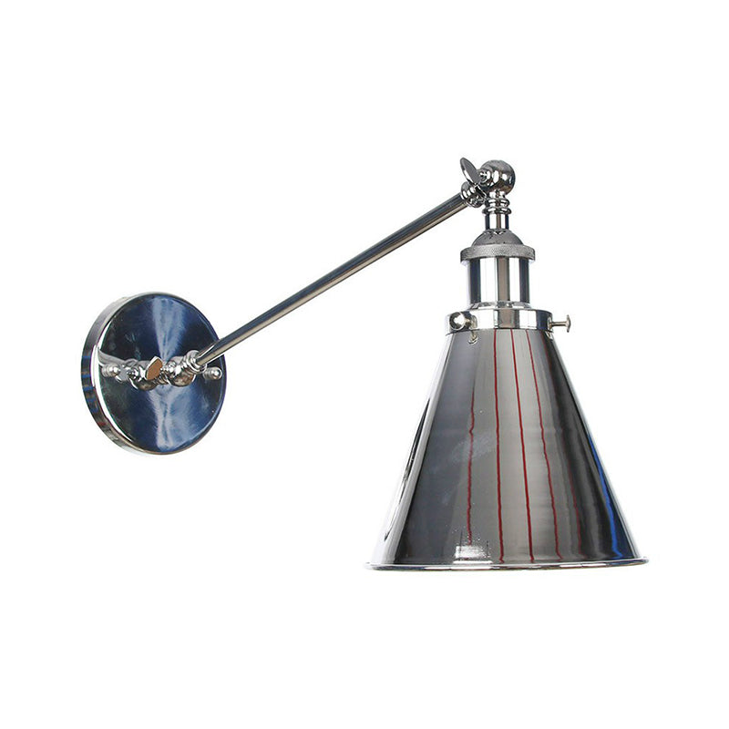 Single Saucer/Horn Shaped Wall Lamp Factory Polished Chrome Iron Wall Light Fixture with 8"/12" Wide Swing Arm Chrome 12" B Clearhalo 'Art deco wall lights' 'Cast Iron' 'Glass' 'Industrial wall lights' 'Industrial' 'Middle century wall lights' 'Modern' 'Rustic wall lights' 'Tiffany' 'Traditional wall lights' 'Wall Lamps & Sconces' 'Wall Lights' Lighting' 1918111