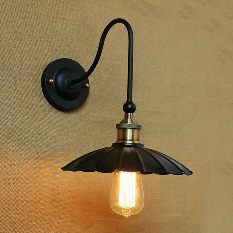 Swoop Arm Metallic Wall Lighting Rustic 1 Bulb Living Room Wall Mount Lamp with Scalloped/Saucer Shade in Black/White Black B Clearhalo 'Art deco wall lights' 'Cast Iron' 'Glass' 'Industrial wall lights' 'Industrial' 'Middle century wall lights' 'Modern' 'Rustic wall lights' 'Tiffany' 'Traditional wall lights' 'Wall Lamps & Sconces' 'Wall Lights' Lighting' 1918117