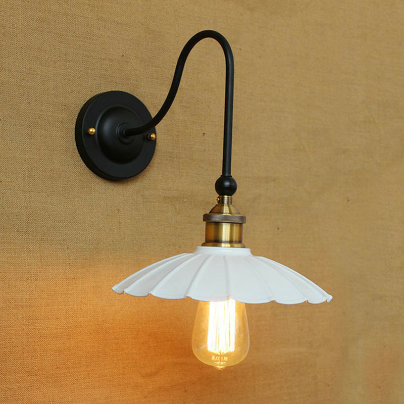 Swoop Arm Metallic Wall Lighting Rustic 1 Bulb Living Room Wall Mount Lamp with Scalloped/Saucer Shade in Black/White White B Clearhalo 'Art deco wall lights' 'Cast Iron' 'Glass' 'Industrial wall lights' 'Industrial' 'Middle century wall lights' 'Modern' 'Rustic wall lights' 'Tiffany' 'Traditional wall lights' 'Wall Lamps & Sconces' 'Wall Lights' Lighting' 1918122