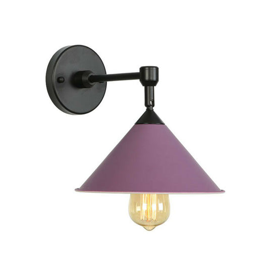 1-Light Wall Lamp Fixture Loft Roll-Trim Cone Iron Wall Mounted Light Fixture in Pink/Grey/Blue Purple Clearhalo 'Art deco wall lights' 'Cast Iron' 'Glass' 'Industrial wall lights' 'Industrial' 'Middle century wall lights' 'Modern' 'Rustic wall lights' 'Tiffany' 'Traditional wall lights' 'Wall Lamps & Sconces' 'Wall Lights' Lighting' 1918132