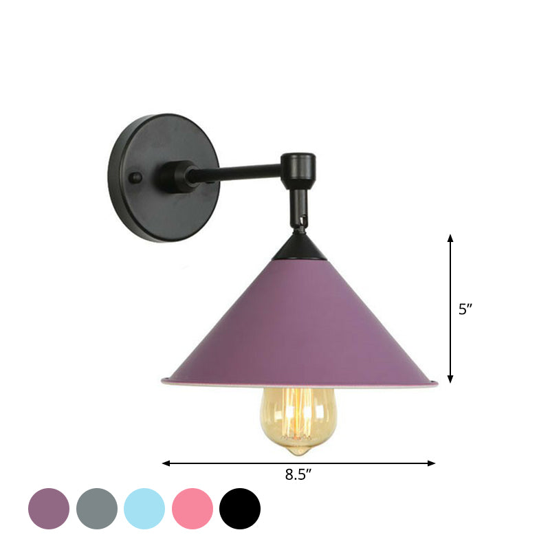 1-Light Wall Lamp Fixture Loft Roll-Trim Cone Iron Wall Mounted Light Fixture in Pink/Grey/Blue Clearhalo 'Art deco wall lights' 'Cast Iron' 'Glass' 'Industrial wall lights' 'Industrial' 'Middle century wall lights' 'Modern' 'Rustic wall lights' 'Tiffany' 'Traditional wall lights' 'Wall Lamps & Sconces' 'Wall Lights' Lighting' 1918133