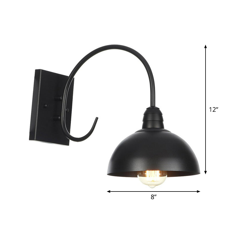1-Light Metallic Wall Mounted Lamp Rustic Black Bowl Kitchen Wall Light with Swirl/Curved/Gooseneck Arm Clearhalo 'Art deco wall lights' 'Cast Iron' 'Glass' 'Industrial wall lights' 'Industrial' 'Middle century wall lights' 'Modern' 'Rustic wall lights' 'Tiffany' 'Traditional wall lights' 'Wall Lamps & Sconces' 'Wall Lights' Lighting' 1918144