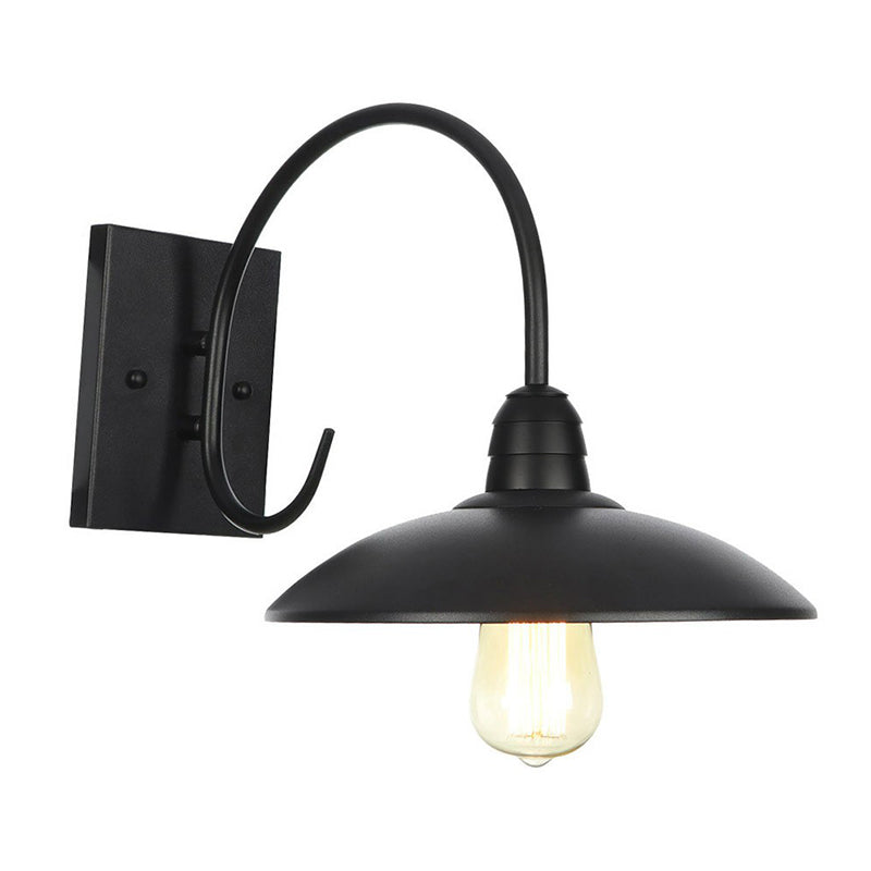 1-Light Metallic Wall Mounted Lamp Rustic Black Bowl Kitchen Wall Light with Swirl/Curved/Gooseneck Arm Black H Clearhalo 'Art deco wall lights' 'Cast Iron' 'Glass' 'Industrial wall lights' 'Industrial' 'Middle century wall lights' 'Modern' 'Rustic wall lights' 'Tiffany' 'Traditional wall lights' 'Wall Lamps & Sconces' 'Wall Lights' Lighting' 1918153