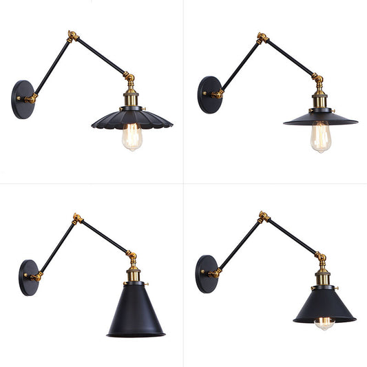 Flared/Cone Bedroom Wall Reading Lamp Industrial Metal 1 Bulb Black-Brass Wall Lighting with 6"/8" Long Swing Arm Clearhalo 'Art deco wall lights' 'Cast Iron' 'Glass' 'Industrial wall lights' 'Industrial' 'Middle century wall lights' 'Modern' 'Rustic wall lights' 'Tiffany' 'Traditional wall lights' 'Wall Lamps & Sconces' 'Wall Lights' Lighting' 1918155
