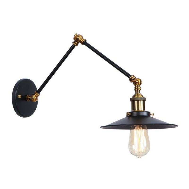 Flared/Cone Bedroom Wall Reading Lamp Industrial Metal 1 Bulb Black-Brass Wall Lighting with 6"/8" Long Swing Arm Black 8" A Clearhalo 'Art deco wall lights' 'Cast Iron' 'Glass' 'Industrial wall lights' 'Industrial' 'Middle century wall lights' 'Modern' 'Rustic wall lights' 'Tiffany' 'Traditional wall lights' 'Wall Lamps & Sconces' 'Wall Lights' Lighting' 1918158