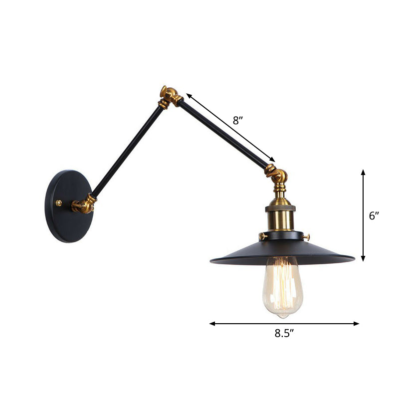 Flared/Cone Bedroom Wall Reading Lamp Industrial Metal 1 Bulb Black-Brass Wall Lighting with 6"/8" Long Swing Arm Clearhalo 'Art deco wall lights' 'Cast Iron' 'Glass' 'Industrial wall lights' 'Industrial' 'Middle century wall lights' 'Modern' 'Rustic wall lights' 'Tiffany' 'Traditional wall lights' 'Wall Lamps & Sconces' 'Wall Lights' Lighting' 1918159