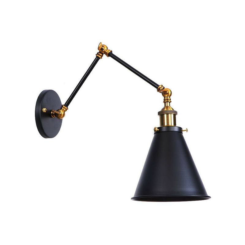 Flared/Cone Bedroom Wall Reading Lamp Industrial Metal 1 Bulb Black-Brass Wall Lighting with 6"/8" Long Swing Arm Black 6" B Clearhalo 'Art deco wall lights' 'Cast Iron' 'Glass' 'Industrial wall lights' 'Industrial' 'Middle century wall lights' 'Modern' 'Rustic wall lights' 'Tiffany' 'Traditional wall lights' 'Wall Lamps & Sconces' 'Wall Lights' Lighting' 1918160