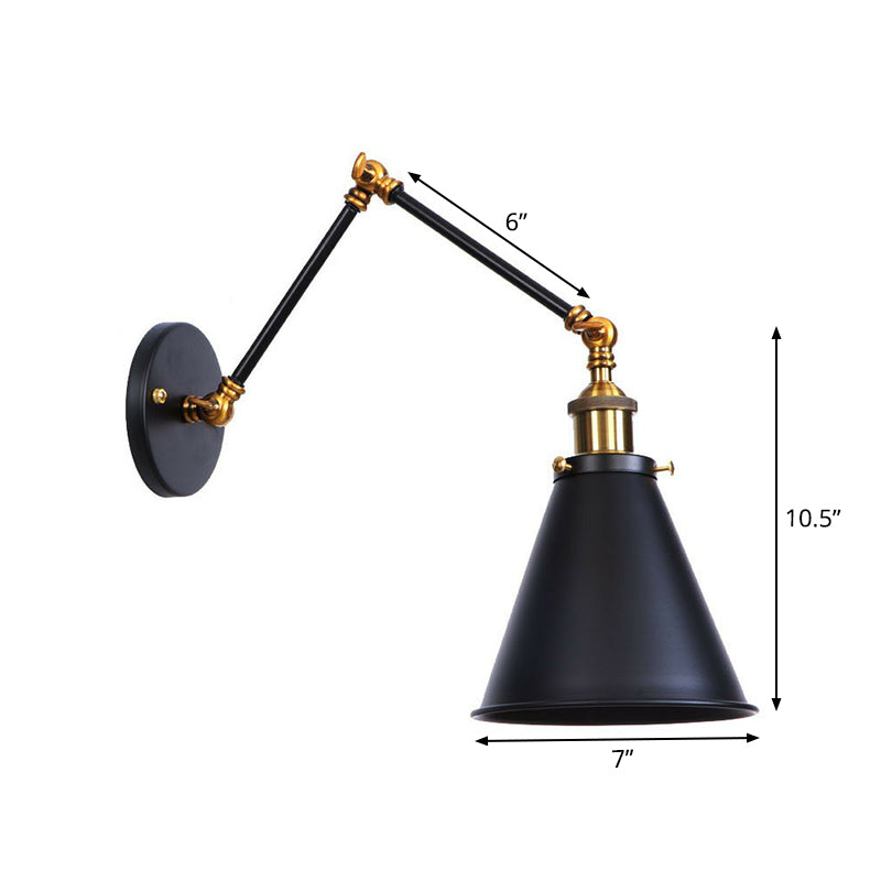 Flared/Cone Bedroom Wall Reading Lamp Industrial Metal 1 Bulb Black-Brass Wall Lighting with 6"/8" Long Swing Arm Clearhalo 'Art deco wall lights' 'Cast Iron' 'Glass' 'Industrial wall lights' 'Industrial' 'Middle century wall lights' 'Modern' 'Rustic wall lights' 'Tiffany' 'Traditional wall lights' 'Wall Lamps & Sconces' 'Wall Lights' Lighting' 1918161