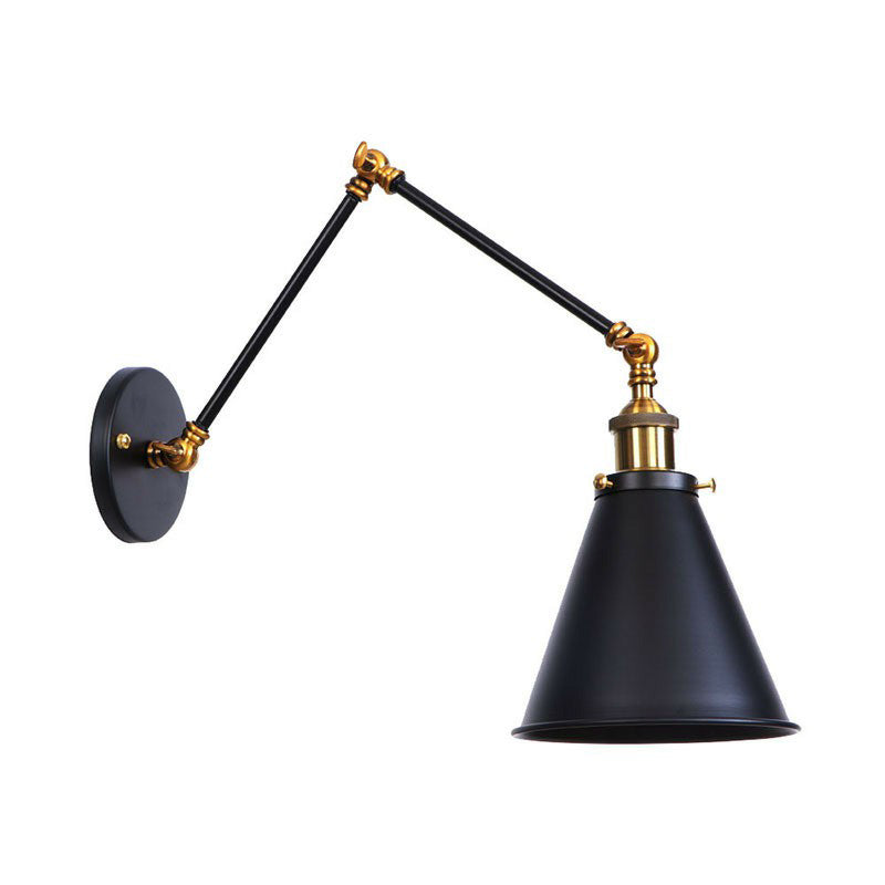 Flared/Cone Bedroom Wall Reading Lamp Industrial Metal 1 Bulb Black-Brass Wall Lighting with 6"/8" Long Swing Arm Black 8" B Clearhalo 'Art deco wall lights' 'Cast Iron' 'Glass' 'Industrial wall lights' 'Industrial' 'Middle century wall lights' 'Modern' 'Rustic wall lights' 'Tiffany' 'Traditional wall lights' 'Wall Lamps & Sconces' 'Wall Lights' Lighting' 1918162
