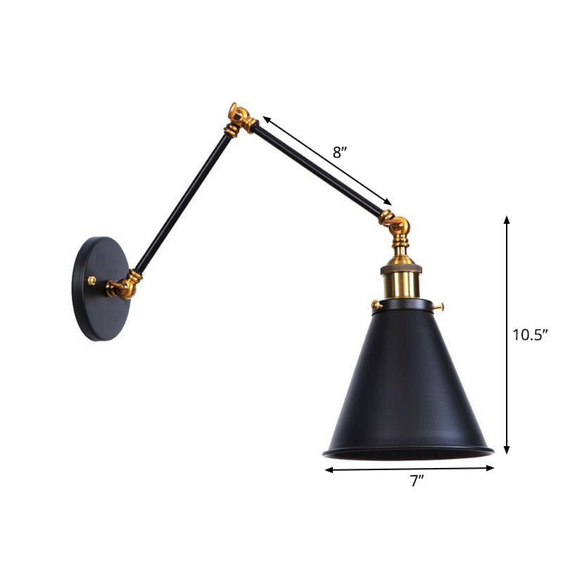 Flared/Cone Bedroom Wall Reading Lamp Industrial Metal 1 Bulb Black-Brass Wall Lighting with 6"/8" Long Swing Arm Clearhalo 'Art deco wall lights' 'Cast Iron' 'Glass' 'Industrial wall lights' 'Industrial' 'Middle century wall lights' 'Modern' 'Rustic wall lights' 'Tiffany' 'Traditional wall lights' 'Wall Lamps & Sconces' 'Wall Lights' Lighting' 1918163