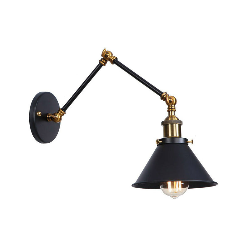 Flared/Cone Bedroom Wall Reading Lamp Industrial Metal 1 Bulb Black-Brass Wall Lighting with 6"/8" Long Swing Arm Black 6" C Clearhalo 'Art deco wall lights' 'Cast Iron' 'Glass' 'Industrial wall lights' 'Industrial' 'Middle century wall lights' 'Modern' 'Rustic wall lights' 'Tiffany' 'Traditional wall lights' 'Wall Lamps & Sconces' 'Wall Lights' Lighting' 1918164