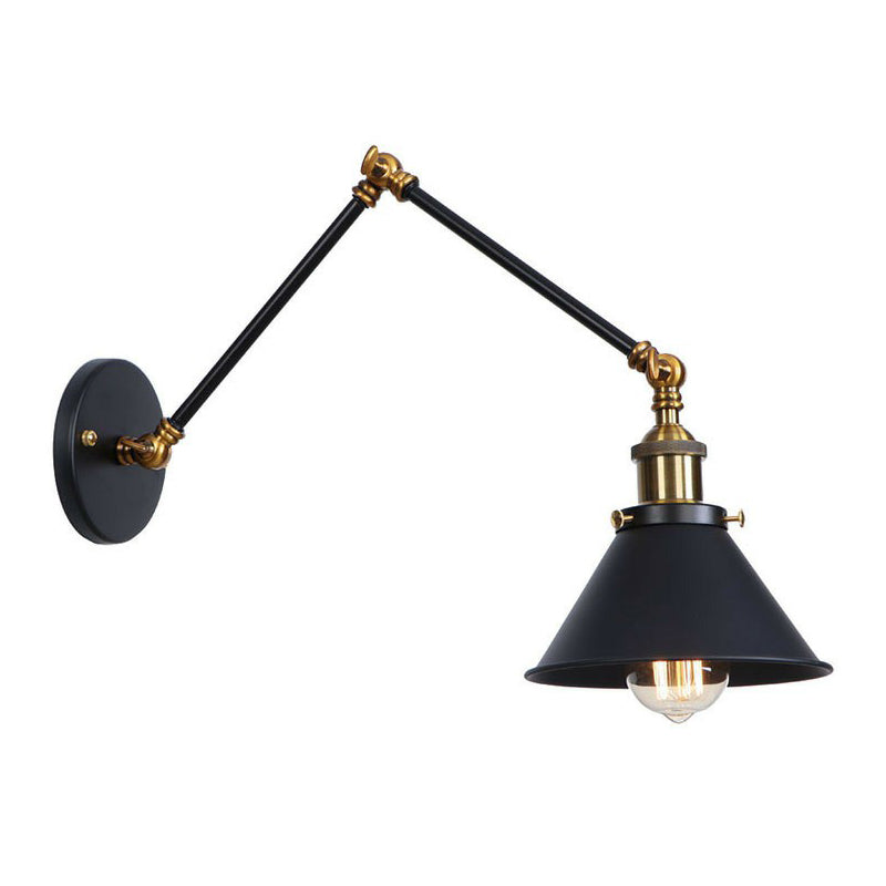 Flared/Cone Bedroom Wall Reading Lamp Industrial Metal 1 Bulb Black-Brass Wall Lighting with 6"/8" Long Swing Arm Black 8" C Clearhalo 'Art deco wall lights' 'Cast Iron' 'Glass' 'Industrial wall lights' 'Industrial' 'Middle century wall lights' 'Modern' 'Rustic wall lights' 'Tiffany' 'Traditional wall lights' 'Wall Lamps & Sconces' 'Wall Lights' Lighting' 1918166