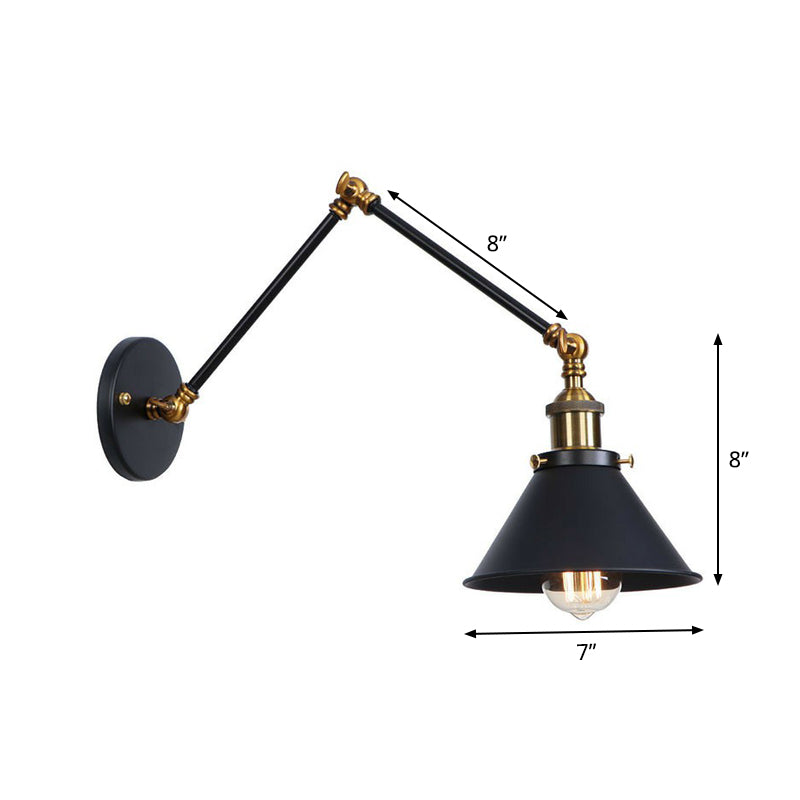 Flared/Cone Bedroom Wall Reading Lamp Industrial Metal 1 Bulb Black-Brass Wall Lighting with 6"/8" Long Swing Arm Clearhalo 'Art deco wall lights' 'Cast Iron' 'Glass' 'Industrial wall lights' 'Industrial' 'Middle century wall lights' 'Modern' 'Rustic wall lights' 'Tiffany' 'Traditional wall lights' 'Wall Lamps & Sconces' 'Wall Lights' Lighting' 1918167