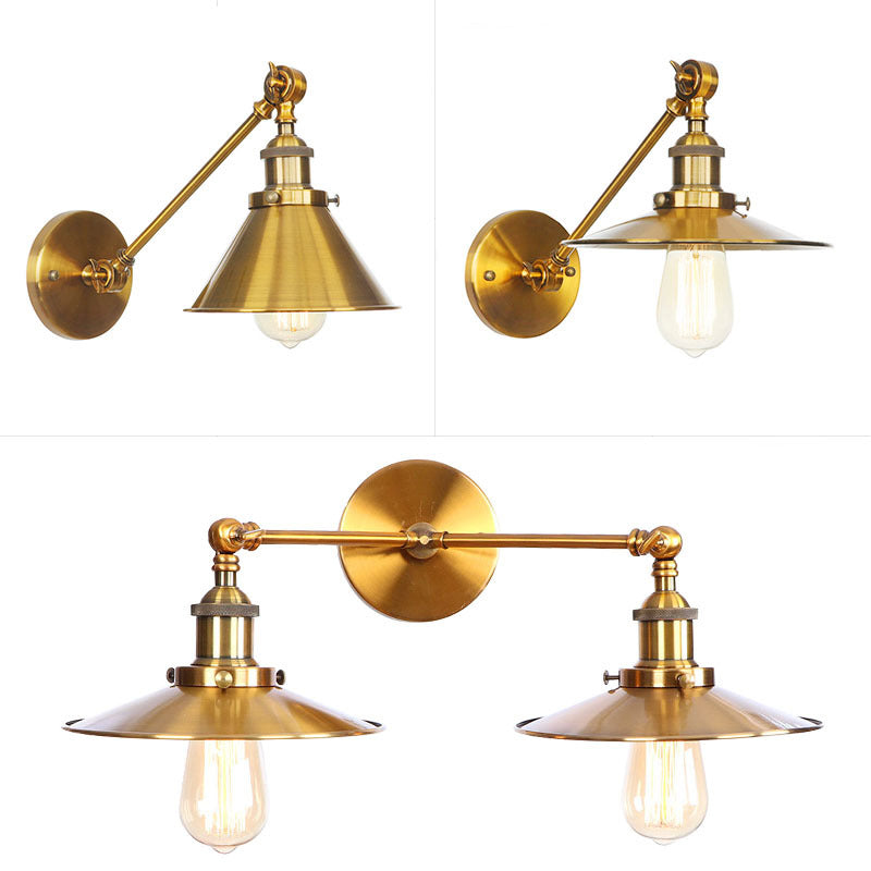 Brass 2 Heads Wall Lamp Fixture Antique Iron Horn/Scalloped/Cone Shade Wall Mounted Lighting with Adjustable Joint Clearhalo 'Art deco wall lights' 'Cast Iron' 'Glass' 'Industrial wall lights' 'Industrial' 'Middle century wall lights' 'Modern' 'Rustic wall lights' 'Tiffany' 'Traditional wall lights' 'Wall Lamps & Sconces' 'Wall Lights' Lighting' 1918168