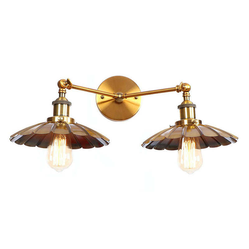 Brass 2 Heads Wall Lamp Fixture Antique Iron Horn/Scalloped/Cone Shade Wall Mounted Lighting with Adjustable Joint Brass A Clearhalo 'Art deco wall lights' 'Cast Iron' 'Glass' 'Industrial wall lights' 'Industrial' 'Middle century wall lights' 'Modern' 'Rustic wall lights' 'Tiffany' 'Traditional wall lights' 'Wall Lamps & Sconces' 'Wall Lights' Lighting' 1918169