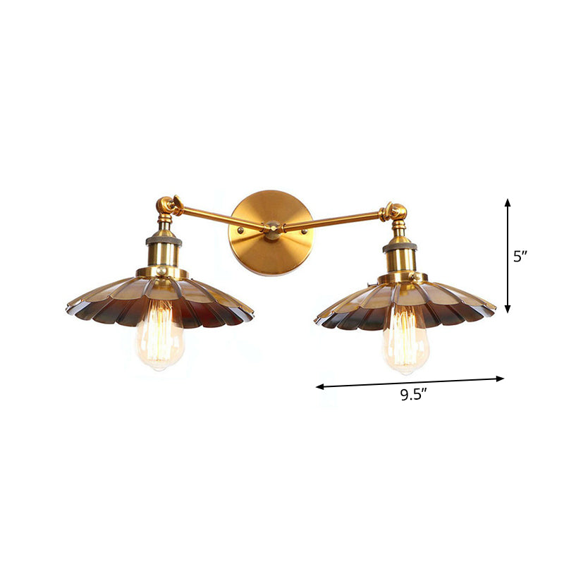 Brass 2 Heads Wall Lamp Fixture Antique Iron Horn/Scalloped/Cone Shade Wall Mounted Lighting with Adjustable Joint Clearhalo 'Art deco wall lights' 'Cast Iron' 'Glass' 'Industrial wall lights' 'Industrial' 'Middle century wall lights' 'Modern' 'Rustic wall lights' 'Tiffany' 'Traditional wall lights' 'Wall Lamps & Sconces' 'Wall Lights' Lighting' 1918170