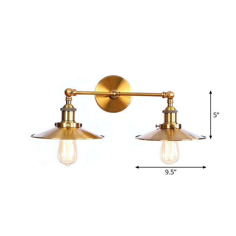 Brass 2 Heads Wall Lamp Fixture Antique Iron Horn/Scalloped/Cone Shade Wall Mounted Lighting with Adjustable Joint Clearhalo 'Art deco wall lights' 'Cast Iron' 'Glass' 'Industrial wall lights' 'Industrial' 'Middle century wall lights' 'Modern' 'Rustic wall lights' 'Tiffany' 'Traditional wall lights' 'Wall Lamps & Sconces' 'Wall Lights' Lighting' 1918172
