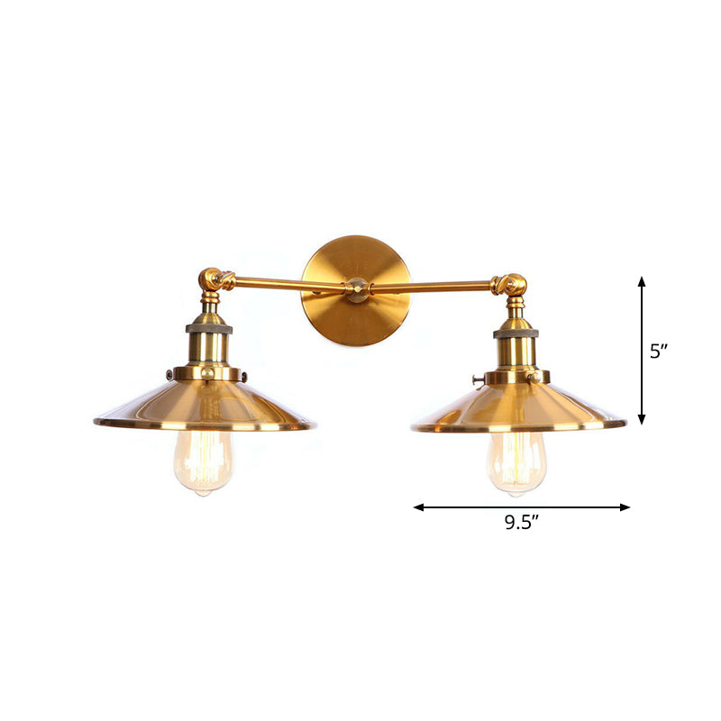 Brass 2 Heads Wall Lamp Fixture Antique Iron Horn/Scalloped/Cone Shade Wall Mounted Lighting with Adjustable Joint Clearhalo 'Art deco wall lights' 'Cast Iron' 'Glass' 'Industrial wall lights' 'Industrial' 'Middle century wall lights' 'Modern' 'Rustic wall lights' 'Tiffany' 'Traditional wall lights' 'Wall Lamps & Sconces' 'Wall Lights' Lighting' 1918174