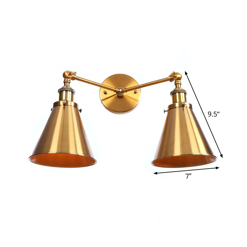 Brass 2 Heads Wall Lamp Fixture Antique Iron Horn/Scalloped/Cone Shade Wall Mounted Lighting with Adjustable Joint Clearhalo 'Art deco wall lights' 'Cast Iron' 'Glass' 'Industrial wall lights' 'Industrial' 'Middle century wall lights' 'Modern' 'Rustic wall lights' 'Tiffany' 'Traditional wall lights' 'Wall Lamps & Sconces' 'Wall Lights' Lighting' 1918176
