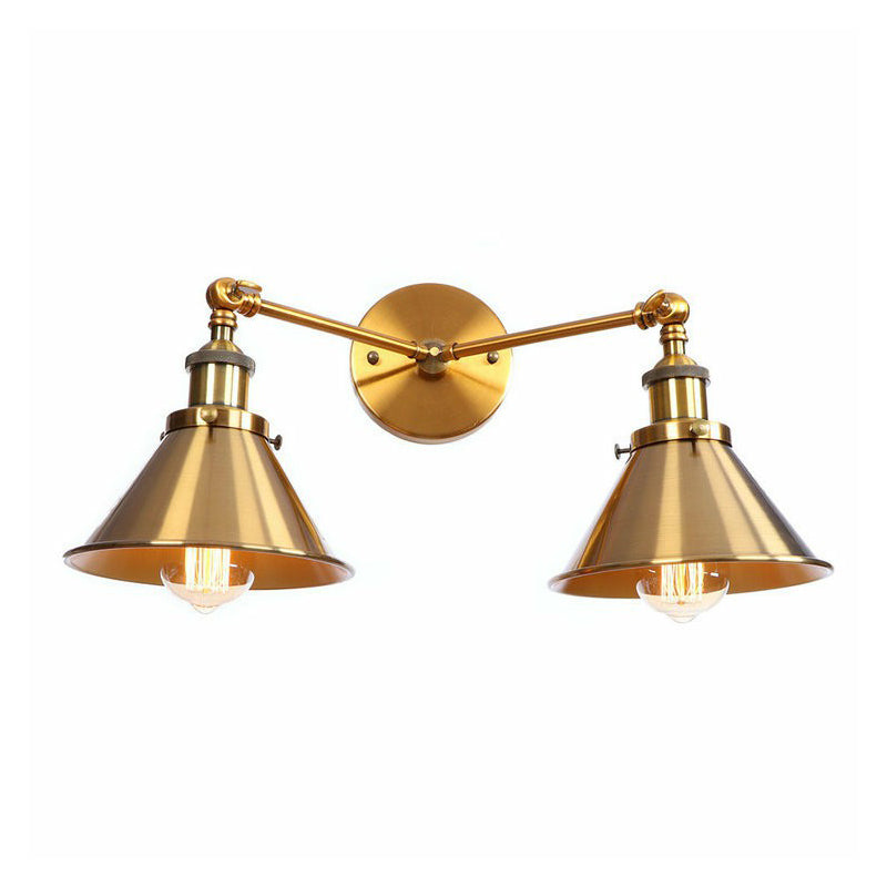 Brass 2 Heads Wall Lamp Fixture Antique Iron Horn/Scalloped/Cone Shade Wall Mounted Lighting with Adjustable Joint Brass E Clearhalo 'Art deco wall lights' 'Cast Iron' 'Glass' 'Industrial wall lights' 'Industrial' 'Middle century wall lights' 'Modern' 'Rustic wall lights' 'Tiffany' 'Traditional wall lights' 'Wall Lamps & Sconces' 'Wall Lights' Lighting' 1918177