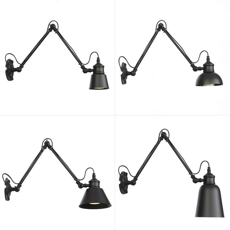 1-Bulb Bowl/Tapered/Bell Task Wall Lamp Vintage Matte Black Iron Wall Mount Reading Light with 4"/8" W 2-Joint Swing Arm Clearhalo 'Art deco wall lights' 'Cast Iron' 'Glass' 'Industrial wall lights' 'Industrial' 'Middle century wall lights' 'Modern' 'Rustic wall lights' 'Tiffany' 'Traditional wall lights' 'Wall Lamps & Sconces' 'Wall Lights' Lighting' 1918179