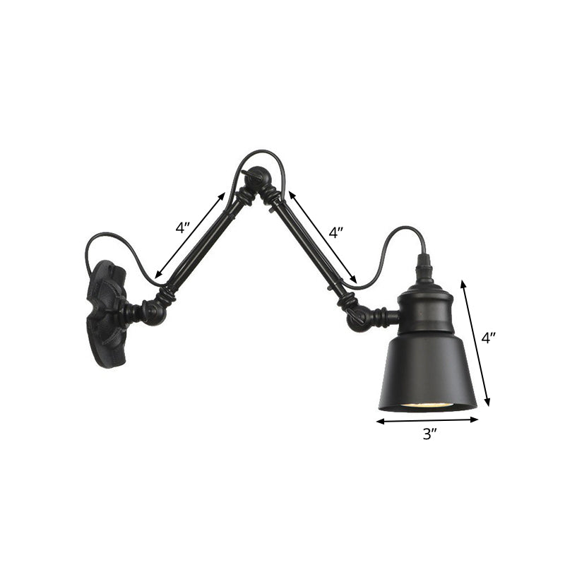 1-Bulb Bowl/Tapered/Bell Task Wall Lamp Vintage Matte Black Iron Wall Mount Reading Light with 4"/8" W 2-Joint Swing Arm Clearhalo 'Art deco wall lights' 'Cast Iron' 'Glass' 'Industrial wall lights' 'Industrial' 'Middle century wall lights' 'Modern' 'Rustic wall lights' 'Tiffany' 'Traditional wall lights' 'Wall Lamps & Sconces' 'Wall Lights' Lighting' 1918181