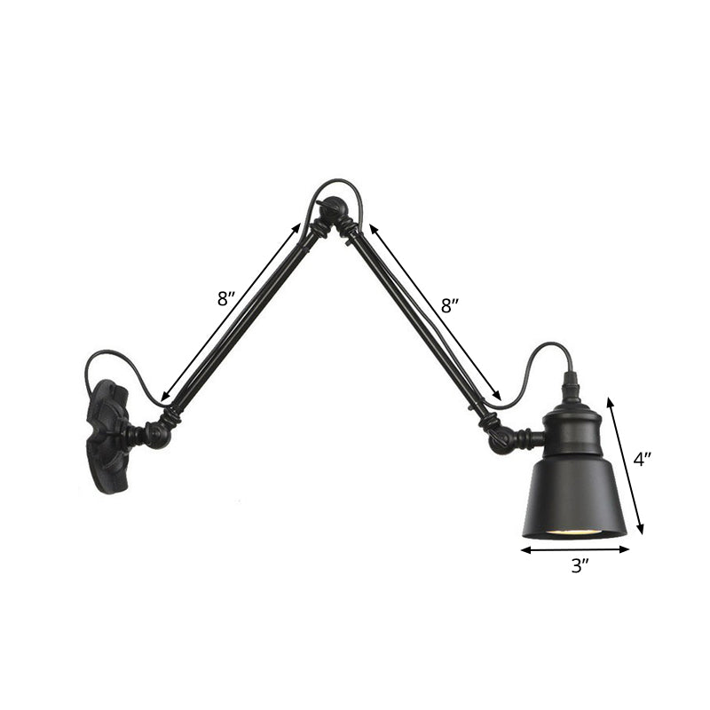 1-Bulb Bowl/Tapered/Bell Task Wall Lamp Vintage Matte Black Iron Wall Mount Reading Light with 4"/8" W 2-Joint Swing Arm Clearhalo 'Art deco wall lights' 'Cast Iron' 'Glass' 'Industrial wall lights' 'Industrial' 'Middle century wall lights' 'Modern' 'Rustic wall lights' 'Tiffany' 'Traditional wall lights' 'Wall Lamps & Sconces' 'Wall Lights' Lighting' 1918184