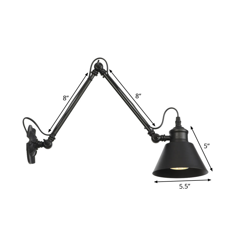 1-Bulb Bowl/Tapered/Bell Task Wall Lamp Vintage Matte Black Iron Wall Mount Reading Light with 4"/8" W 2-Joint Swing Arm Clearhalo 'Art deco wall lights' 'Cast Iron' 'Glass' 'Industrial wall lights' 'Industrial' 'Middle century wall lights' 'Modern' 'Rustic wall lights' 'Tiffany' 'Traditional wall lights' 'Wall Lamps & Sconces' 'Wall Lights' Lighting' 1918193