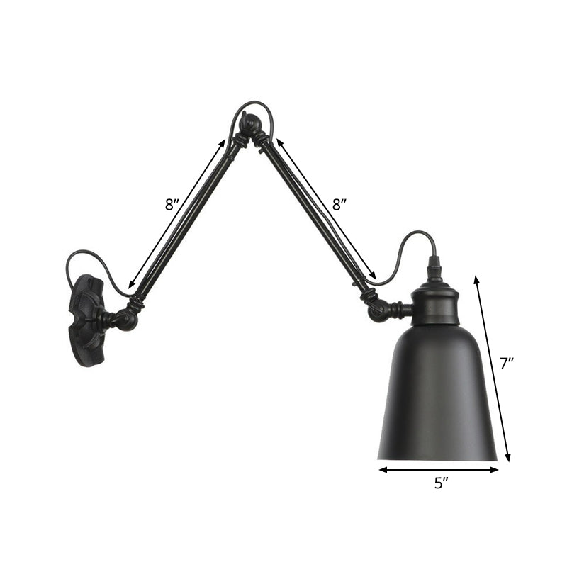 1-Bulb Bowl/Tapered/Bell Task Wall Lamp Vintage Matte Black Iron Wall Mount Reading Light with 4"/8" W 2-Joint Swing Arm Clearhalo 'Art deco wall lights' 'Cast Iron' 'Glass' 'Industrial wall lights' 'Industrial' 'Middle century wall lights' 'Modern' 'Rustic wall lights' 'Tiffany' 'Traditional wall lights' 'Wall Lamps & Sconces' 'Wall Lights' Lighting' 1918197
