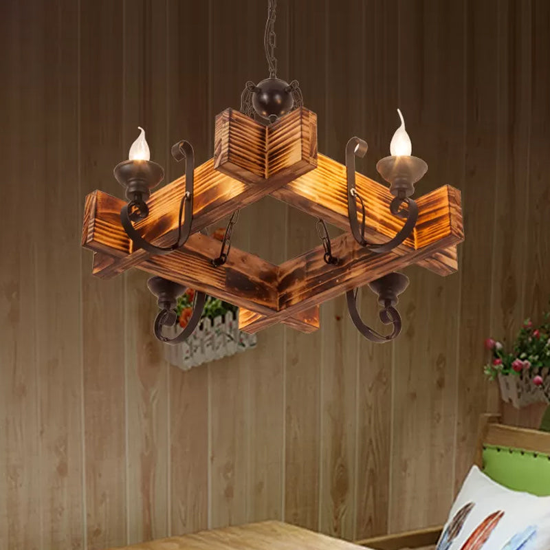 Wooden Triangular/Square Hanging Light Fixture Nautical 3/4/6-Head Restaurant Ceiling Chandelier with Candle in Brown Clearhalo 'Carpenter Chandeliers' 'Ceiling Lights' 'Chandeliers' 'Industrial Chandeliers' 'Industrial' 'Middle Century Chandeliers' 'Modern' 'Tiffany' Lighting' 1918199