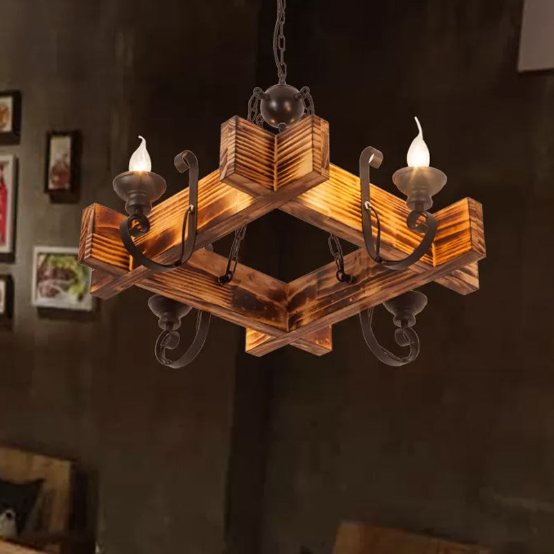 Wooden Triangular/Square Hanging Light Fixture Nautical 3/4/6-Head Restaurant Ceiling Chandelier with Candle in Brown Clearhalo 'Carpenter Chandeliers' 'Ceiling Lights' 'Chandeliers' 'Industrial Chandeliers' 'Industrial' 'Middle Century Chandeliers' 'Modern' 'Tiffany' Lighting' 1918200