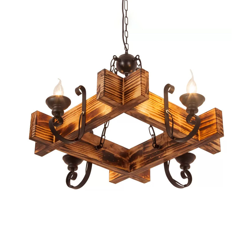 Wooden Triangular/Square Hanging Light Fixture Nautical 3/4/6-Head Restaurant Ceiling Chandelier with Candle in Brown Clearhalo 'Carpenter Chandeliers' 'Ceiling Lights' 'Chandeliers' 'Industrial Chandeliers' 'Industrial' 'Middle Century Chandeliers' 'Modern' 'Tiffany' Lighting' 1918201