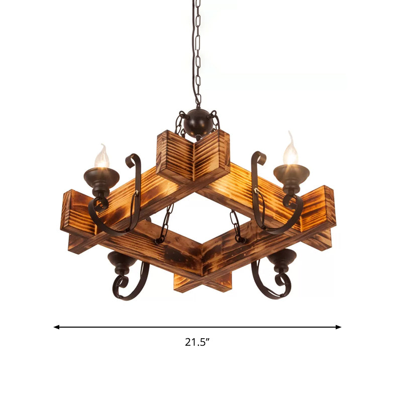 Wooden Triangular/Square Hanging Light Fixture Nautical 3/4/6-Head Restaurant Ceiling Chandelier with Candle in Brown Clearhalo 'Carpenter Chandeliers' 'Ceiling Lights' 'Chandeliers' 'Industrial Chandeliers' 'Industrial' 'Middle Century Chandeliers' 'Modern' 'Tiffany' Lighting' 1918202