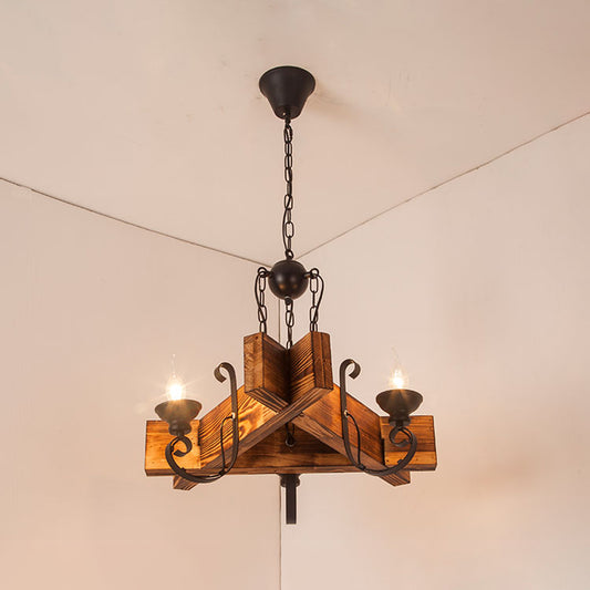 Wooden Triangular/Square Hanging Light Fixture Nautical 3/4/6-Head Restaurant Ceiling Chandelier with Candle in Brown Clearhalo 'Carpenter Chandeliers' 'Ceiling Lights' 'Chandeliers' 'Industrial Chandeliers' 'Industrial' 'Middle Century Chandeliers' 'Modern' 'Tiffany' Lighting' 1918204