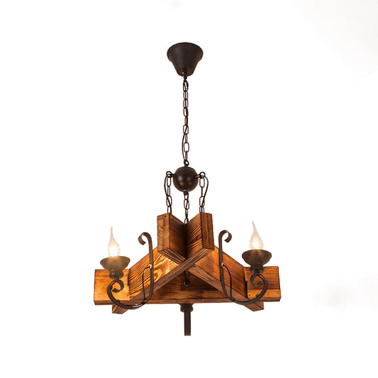 Wooden Triangular/Square Hanging Light Fixture Nautical 3/4/6-Head Restaurant Ceiling Chandelier with Candle in Brown Clearhalo 'Carpenter Chandeliers' 'Ceiling Lights' 'Chandeliers' 'Industrial Chandeliers' 'Industrial' 'Middle Century Chandeliers' 'Modern' 'Tiffany' Lighting' 1918205