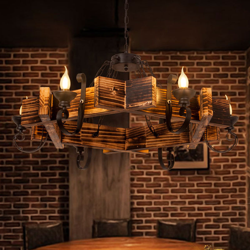Wooden Triangular/Square Hanging Light Fixture Nautical 3/4/6-Head Restaurant Ceiling Chandelier with Candle in Brown 6 Brown Clearhalo 'Carpenter Chandeliers' 'Ceiling Lights' 'Chandeliers' 'Industrial Chandeliers' 'Industrial' 'Middle Century Chandeliers' 'Modern' 'Tiffany' Lighting' 1918207