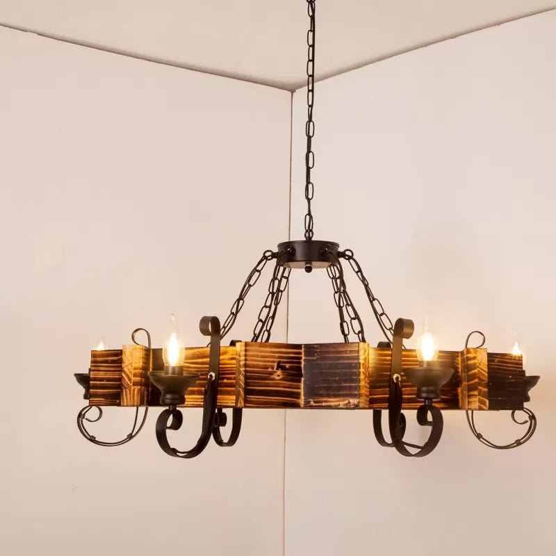 Wooden Triangular/Square Hanging Light Fixture Nautical 3/4/6-Head Restaurant Ceiling Chandelier with Candle in Brown Clearhalo 'Carpenter Chandeliers' 'Ceiling Lights' 'Chandeliers' 'Industrial Chandeliers' 'Industrial' 'Middle Century Chandeliers' 'Modern' 'Tiffany' Lighting' 1918208